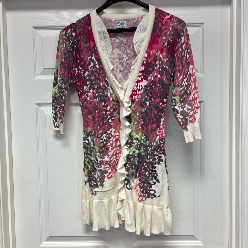 Tabitha Anthropologie Printed Ruffle Front Long Cardigan sz M EUC
